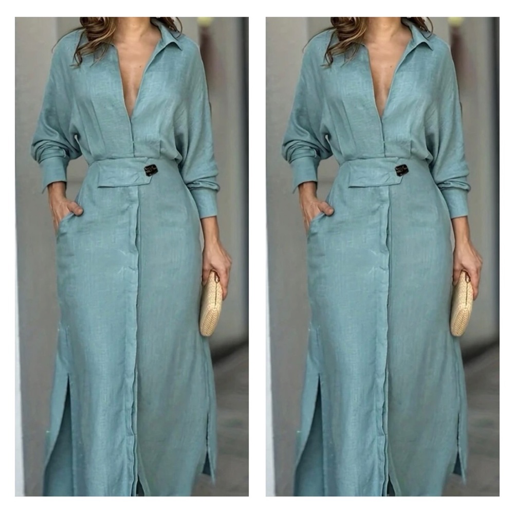 Green Long Sleeve Maxi Shirt Dress